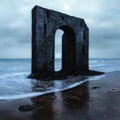 Mysterious stone archway on a moody beach