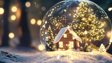 Snow globe with snowy Christmas tree and house, flat animation capturing festive magic - Powered by Adobe