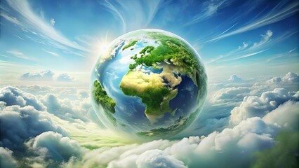 Naklejka premium A verdant globe suspended amidst ethereal clouds, bathed in the soft glow of a celestial sunrise.