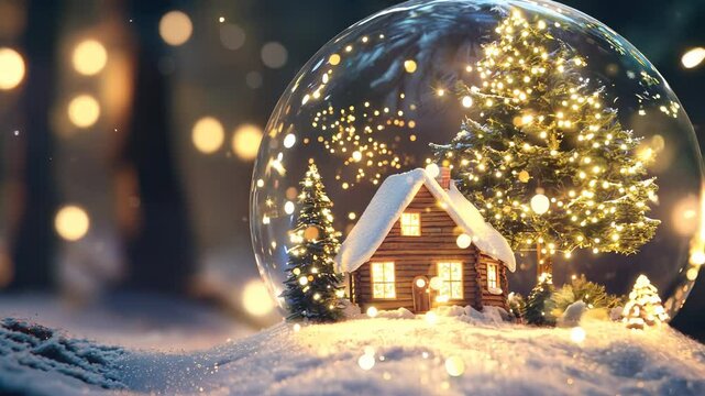 Snow globe with snowy Christmas tree and house, flat animation capturing festive magic