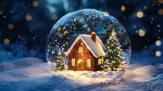 Snow globe with Christmas tree and house, festive magic