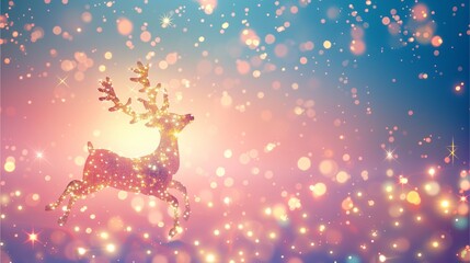 Golden fairy lights in the shape of a reindeer, glowing softly against a pink and blue gradient background, with bright stars 