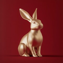 A minimalist golden rabbit figure set against a deep red backdrop, symbolizing the zodiac year