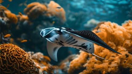 Fototapeta premium semi close-up of a manta ray gracefully swimming over coral formations, focus on the smooth contours of the manta ray, leaving room for copy space in the blurred ocean background 