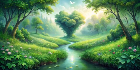 Fototapeta premium A Serene Meadow with a Heart-Shaped Tree, a Glimmering Stream, and a Glimpse of Hope in the Sky