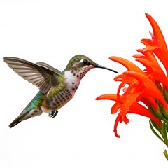 A hummingbird feeding on flowers