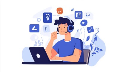 Technical support flat illustration. Man with icons.