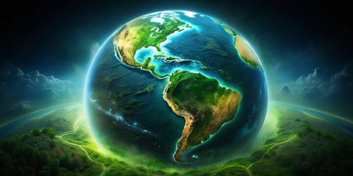 A luminous orb, depicting a verdant planet with swirling clouds, rests upon a vibrant landscape of rolling hills and lush forests.
