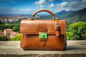 Elegant tan leather handbag with metallic buckle and handle panoramic