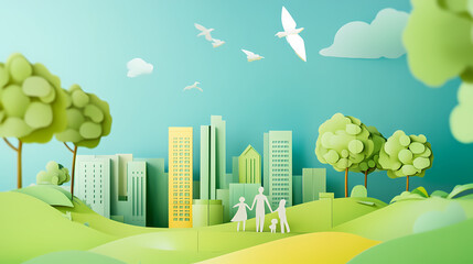 The concept of a green city and environment with a family. paper art and digital craft style.