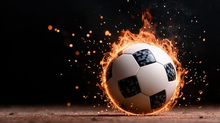 Fototapeta premium Flaming soccer ball on dark background