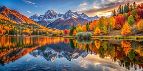 Naklejka premium Autumnal Reflections of a Snow-Capped Mountain Range on a Still Lake