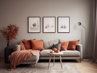 Scandinavian scandi modern minimalist cozy living room interior with fall decor. Neutral walls and couch with orange pillows