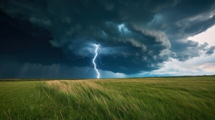 dramatic storm clouds with lightning over green field