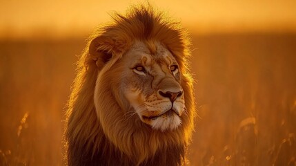 Fototapeta premium A majestic lion with a thick mane stares intently into the distance as the sun sets behind it.