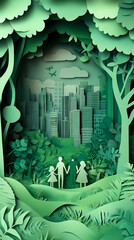 The concept of a green city and environment with a family. paper art and digital craft style.
