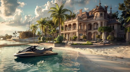 Fototapeta premium Luxury Waterfront Mansion with Jet Ski and Tropical Landscape
