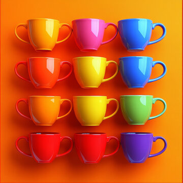 Brightly colored ceramic mugs stacked in vibrant arrangement against orange background, showcasing cheerful and playful aesthetic