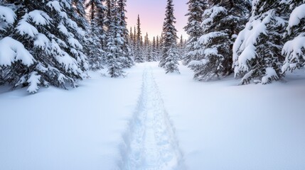 Snowy forest path in winter wonderland