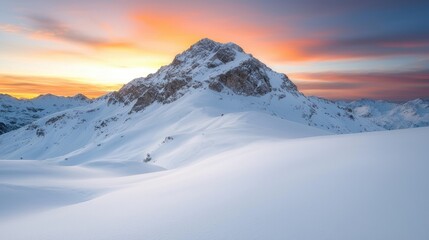 Majestic snow-capped mountain peak at sunset