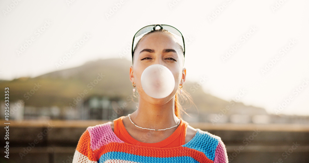 Wall mural Woman, bubble gum and portrait in city, summer and trendy style with chewing, candy and outdoor in street. Girl, persona and sweets with fashion, streetwear and attitude on metro bridge in Colombia