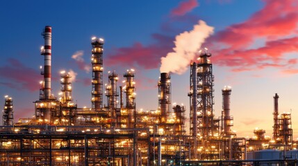 Fototapeta premium Oil refinery at dusk with illuminated towers and steam rising into the sky