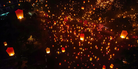 Lanterns floating in the sky over a lake at night background