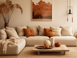 Scandinavian scandi modern minimalist cozy living room interior with fall decor. Neutral walls and couch with orange pillows