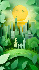 The concept of a green city and environment with a family. paper art and digital craft style.