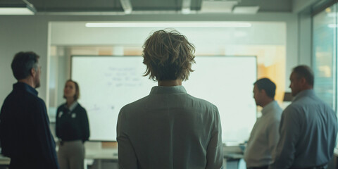 Woman presenting her strategy to her team during a business meeting, discussing goals and timelines for implementation. Female product manager working with her team in a professional office.
