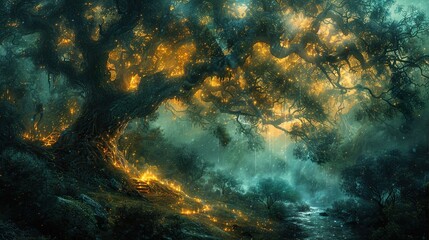 Fototapeta premium Enchanted Forest: Glowing Trees and Mystical Stream