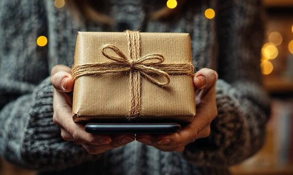 A person holding a beautifully wrapped gift with a bow.