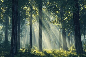 Fototapeta premium Sunbeams Through the Trees: A Mystical Forest Scene