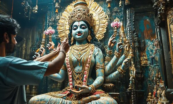 A person worships a multi-armed deity in a temple setting.