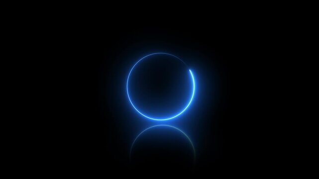 looped 3d animation, abstract geometric neon background. Round frames, rings, circles, glowing lines appear in the dark.