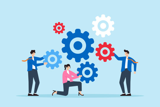 Flat illustration of businessman and colleagues help connect cogwheels symbolizing teamwork and collaboration.