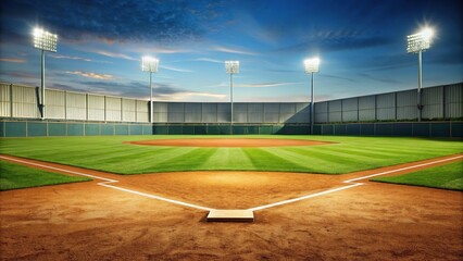 Obraz premium Empty baseball field with focus on first base and outfield wall highlights