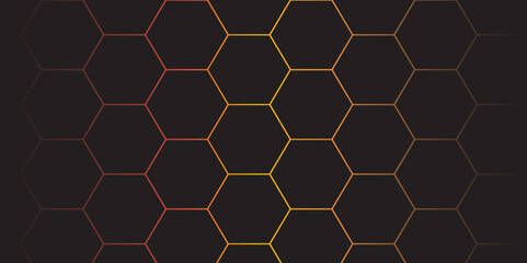Obraz premium Black hexagon grid texture with yellow lining. Abstract background with geometric polygon shapes. Vector illustration. geometric shapes. Modern. overlapping layers. 3d hexagonal technology. honeycomb 