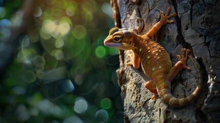 Obraz premium A Close-Up of a Yellow and Brown Gecko Climbing a Tree Trunk
