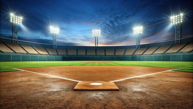 Empty baseball field with focus on first base and outfield wall reflection