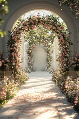 Fototapeta premium Create a 3D wedding venue scene with a floral arch and aisle for elegant bridal displays.