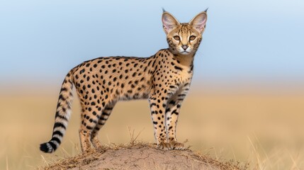 Serval cat standing on a mound in the savanna