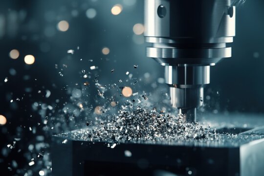 Precision CNC machine carving metal, with copy space