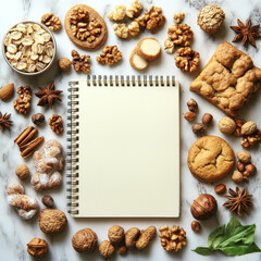 blank notebook surrounded by various baking ingredients and snacks, including cookies, nuts, and spices, creating warm and inviting atmosphere for culinary creativity