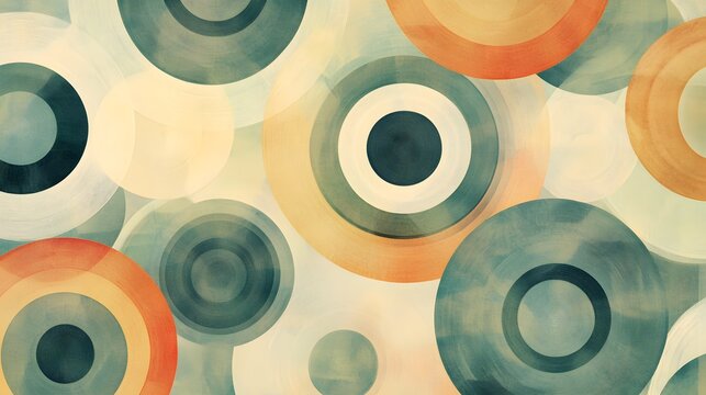 Abstract circular patterns: Circular patterns repeating in soft, muted colors, gently expanding outward to create a feeling of balance and calm