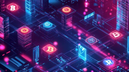 A digital cityscape with decentralized financial hubs, cryptocurrency symbols, blockchain technology, and decentralized exchanges, portraying the decentralized nature 