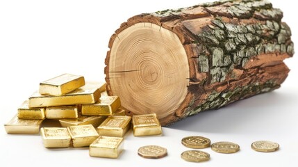 Gold Bars and Coins Resting Against a Cut Log of Wood