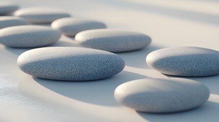 Abstract pebble shapes: Organic pebble-like forms arranged in a minimalist layout, with soft shadows and gradients enhancing the sense of calm and simplicity