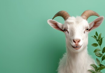 Obraz premium Curious white goat with horns and green background