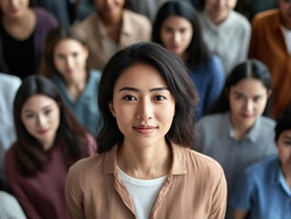 Obraz premium A diverse Asian person for diversity and inclusion marketing, highlighting the subject in a collaborative environment, surrounded by people from different backgrounds, symbolizing inclusion and unity